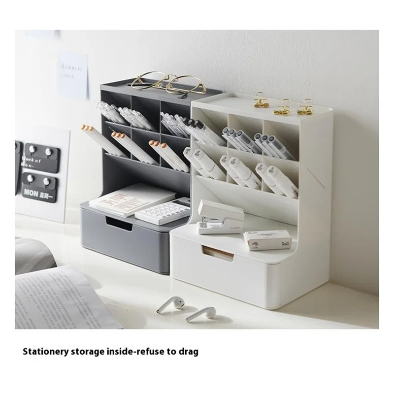 Desktop Organizer Pen Holder Multi-Compartment Storage Box for Office Supplies Stationery - White + Clear Drawers