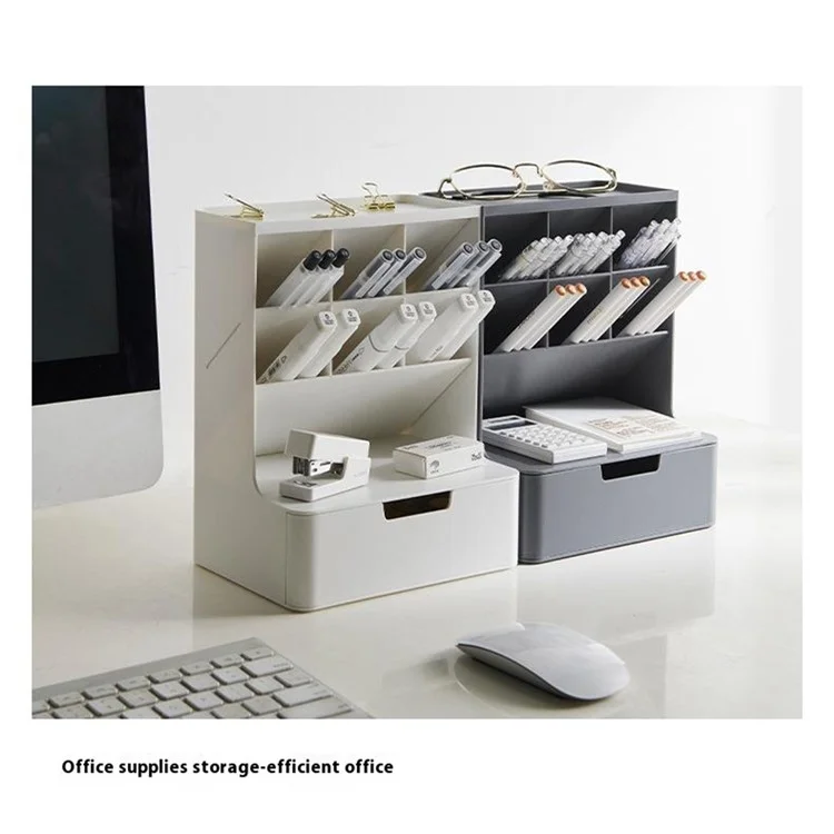 Desktop Organizer Pen Holder Multi-Compartment Storage Box for Office Supplies Stationery - White + Clear Drawers