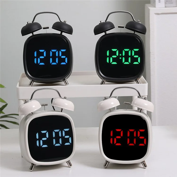 GH8032 Креативный LED будильник с большой громкостью и металлическим звоном для тяжелых сонь - Черный корпус / Белый свет