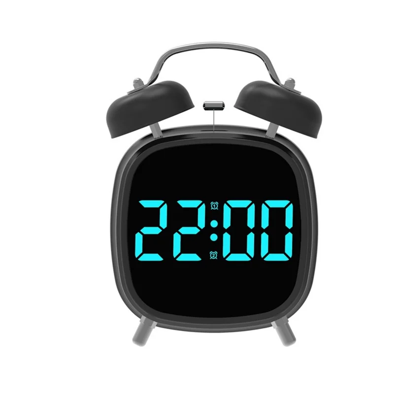 GH8032 Creative LED Alarm Clock Large Volume Metal Bell Digital Clock for Heavy Sleepers - Black Shell / Blue Light