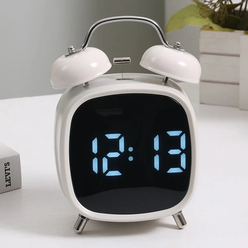 GH8032 Creative LED Alarm Clock Large Volume Metal Bell Digital Clock for Heavy Sleepers - Black Shell / Blue Light