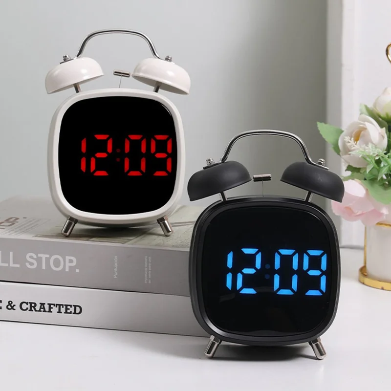 GH8032 Creative LED Alarm Clock Large Volume Metal Bell Digital Clock for Heavy Sleepers - Black Shell / Blue Light