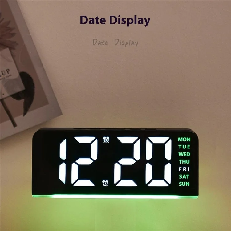 GH8033 LED Digital Clock Date Temperature Display Ambient Light Dual Alarm Smart Desktop Clock - Black Shell / Blue Light