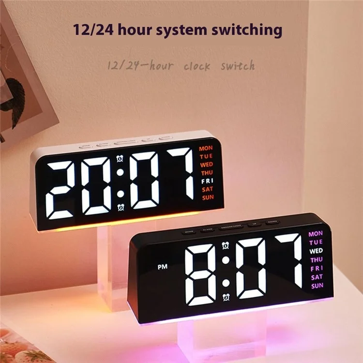 GH8033 LED Digital Clock Date Temperature Display Ambient Light Dual Alarm Smart Desktop Clock - Black Shell / Blue Light