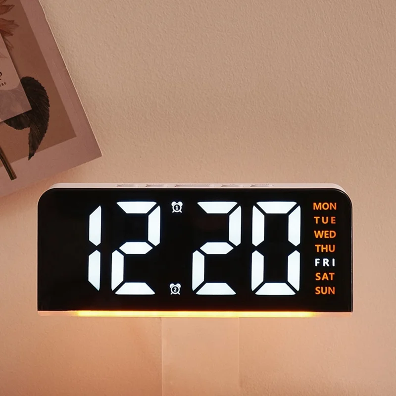 GH8033 LED Digital Clock Date Temperature Display Ambient Light Dual Alarm Smart Desktop Clock - White Shell / Blue Light