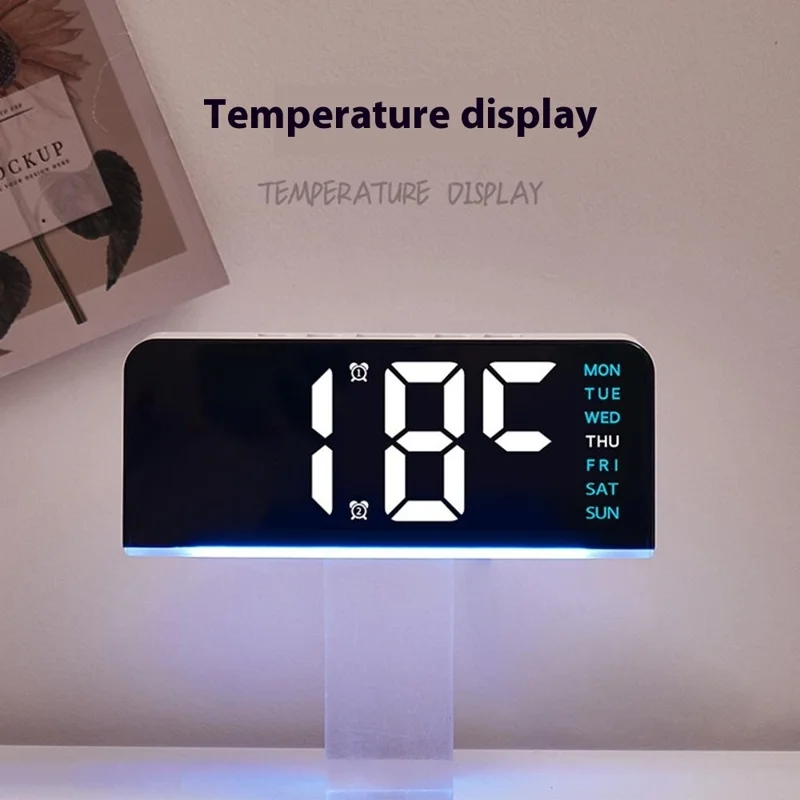 GH8033 LED Digital Clock Date Temperature Display Ambient Light Dual Alarm Smart Desktop Clock - White Shell / Blue Light