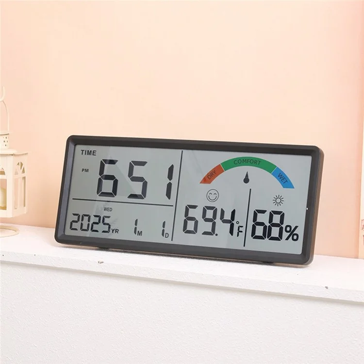 9554 LCD Digitale Wanduhr mit Temperatur- und Luftfeuchtigkeitsanzeige - Multifunktionale Großbilduhr - Schwarz