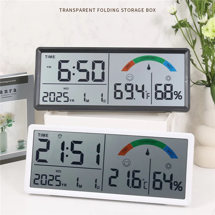 9554 LCD Digitale Wanduhr mit Temperatur- und Luftfeuchtigkeitsanzeige - Multifunktionale Großbilduhr - Schwarz
