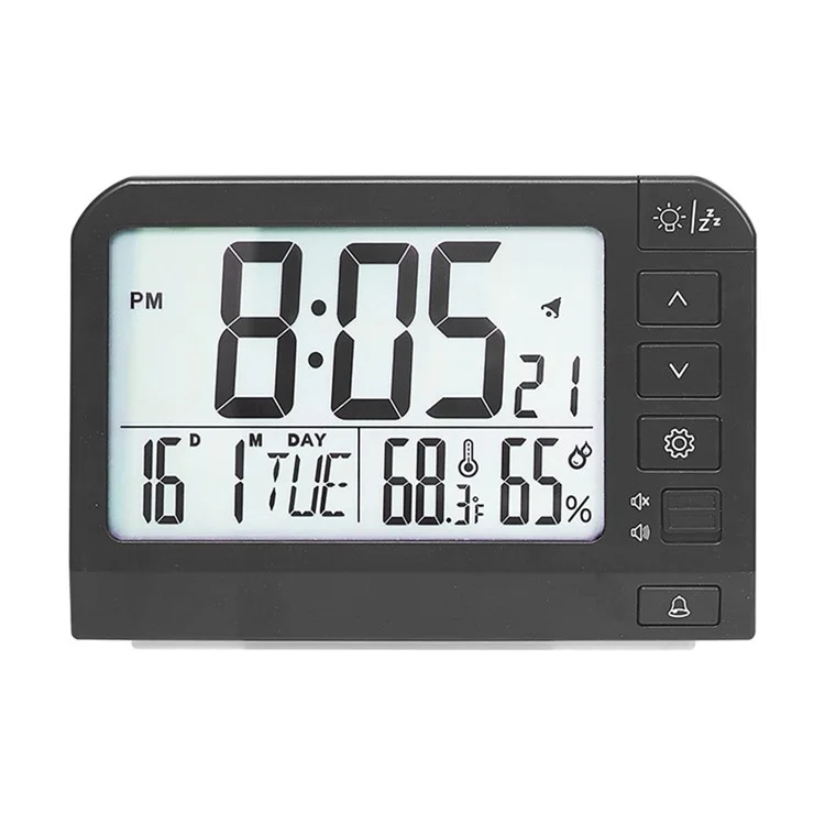 YD109 LCD Digital Alarm Clock Large Display Temperature Humidity Display Bedside Backlight Clock - Black