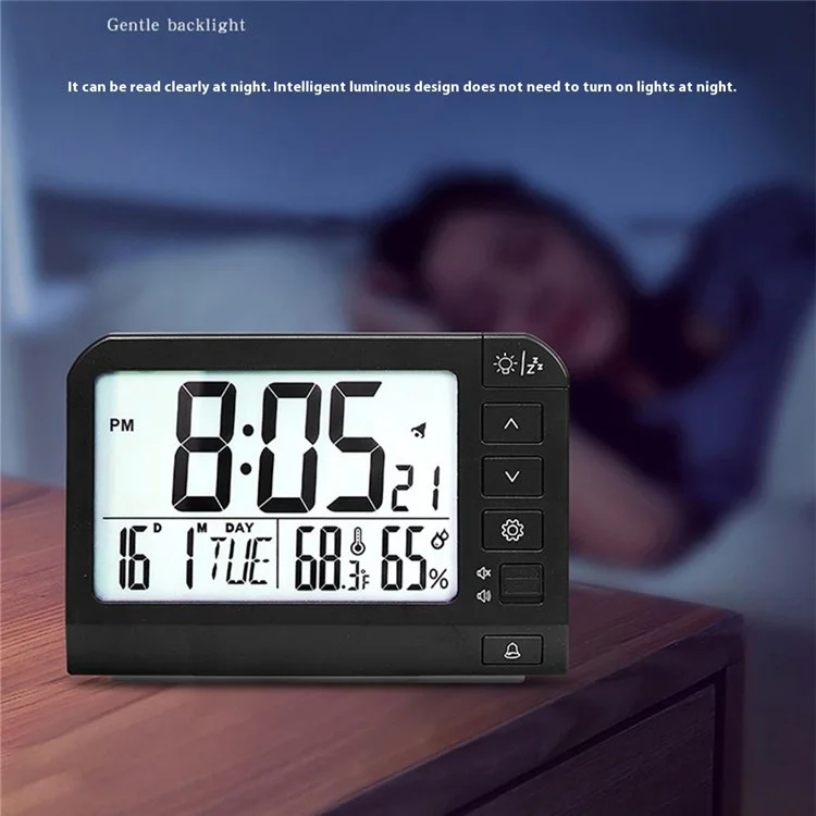 YD109 LCD Digital Alarm Clock Large Display Temperature Humidity Display Bedside Backlight Clock - Black