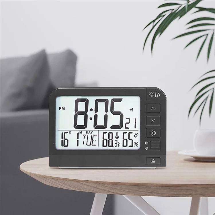 YD109 LCD Digital Alarm Clock Large Display Temperature Humidity Display Bedside Backlight Clock - Black