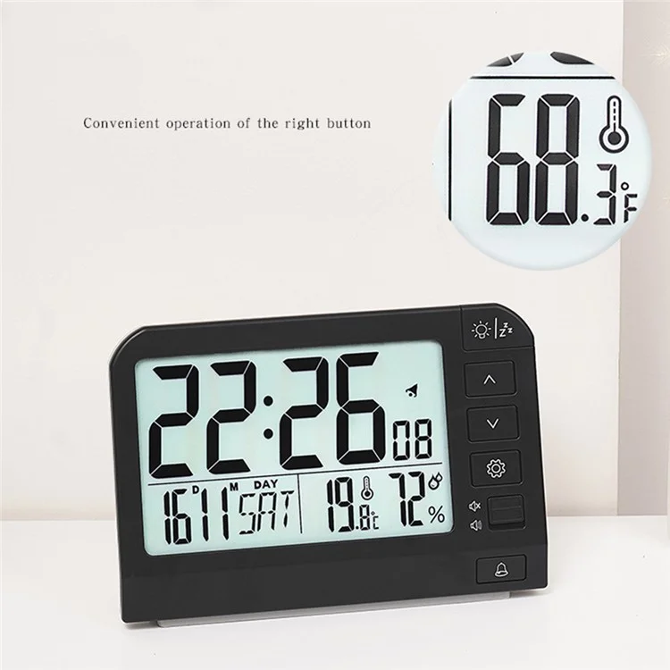 YD109 LCD Digital Alarm Clock Large Display Temperature Humidity Display Bedside Backlight Clock - Black