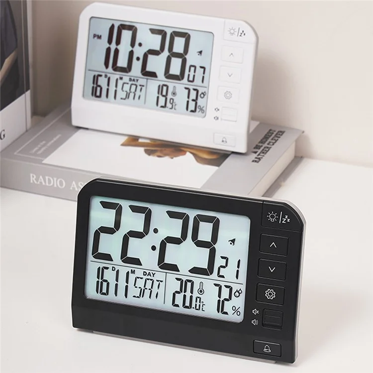 YD109 LCD Digital Alarm Clock Large Display Temperature Humidity Display Bedside Backlight Clock - Black