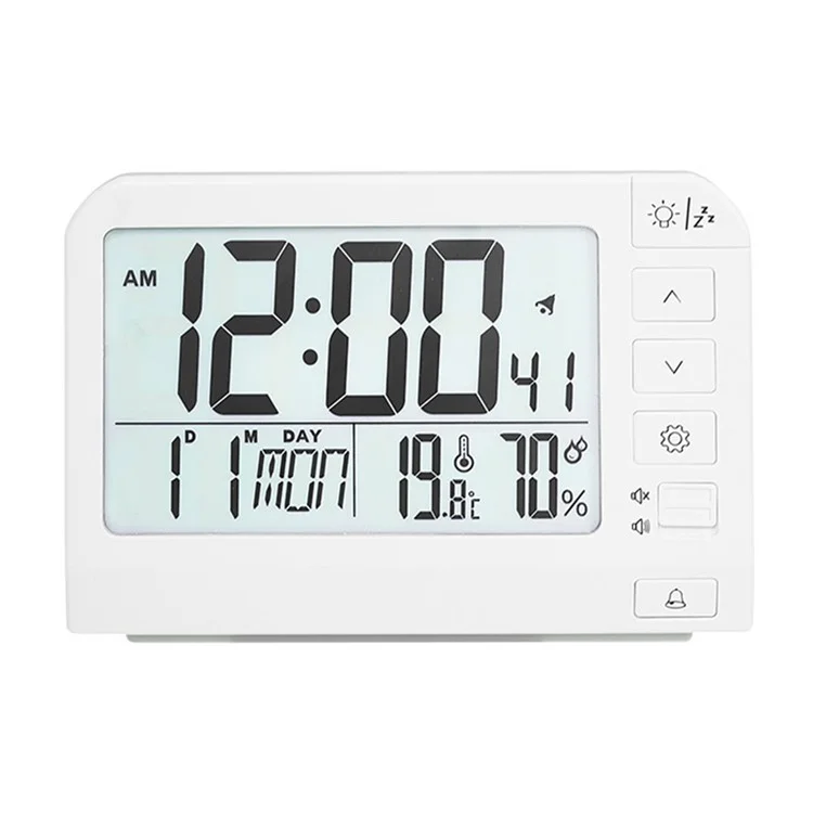 YD109 LCD Digital Alarm Clock Large Display Temperature Humidity Display Bedside Backlight Clock - White