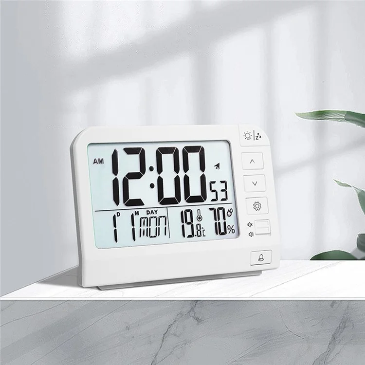 YD109 LCD Digital Alarm Clock Large Display Temperature Humidity Display Bedside Backlight Clock - White