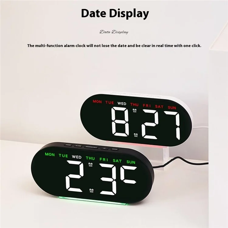 GH8035 Multifunctional LED Digital Alarm Clock Large Display Bedside Clock with Ambient Light - Black Shell / Green Light