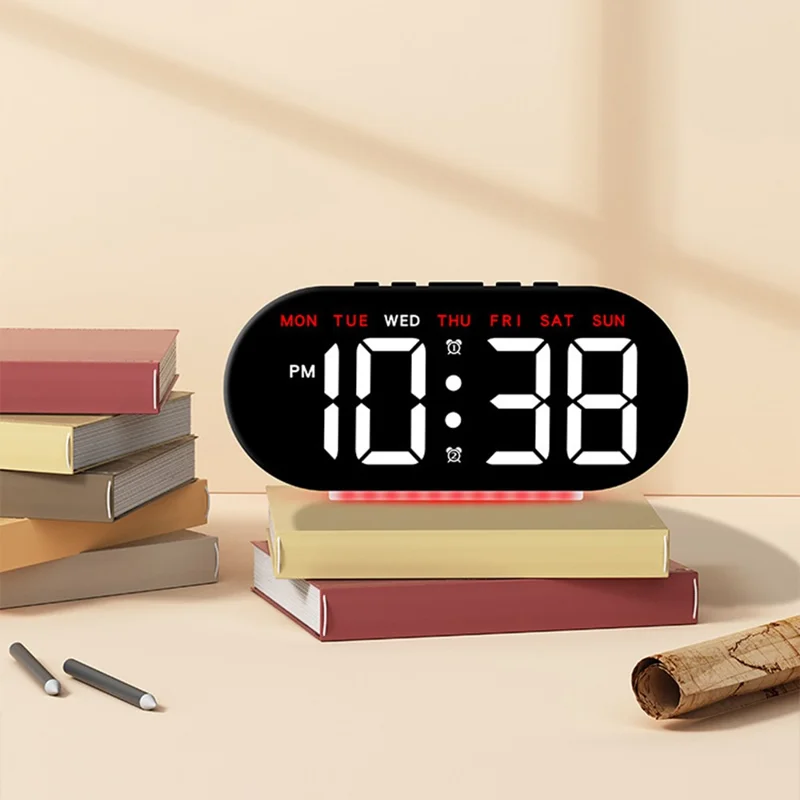 GH8035 Multifunctional LED Digital Alarm Clock Large Display Bedside Clock with Ambient Light - White Shell / Red Light