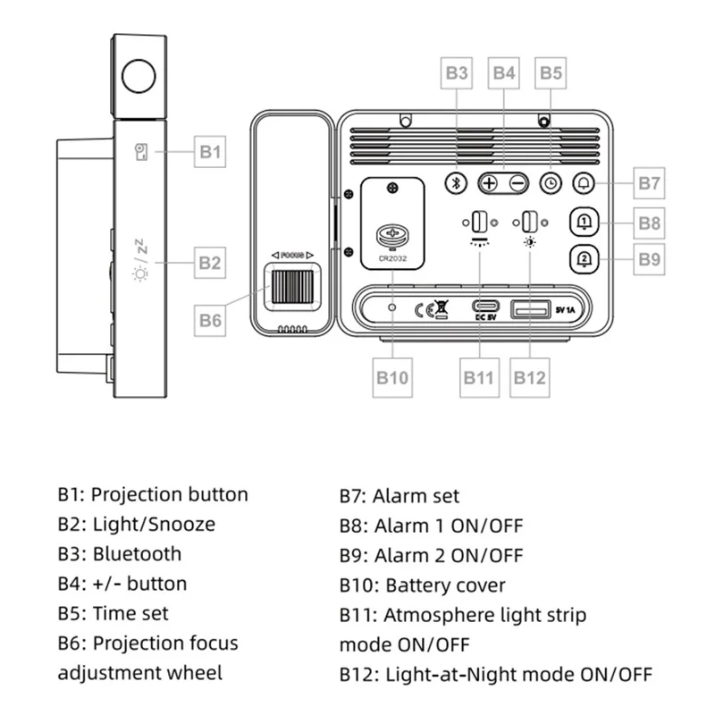 8005A Многофункциональные проекционные часы с будильником, Bluetooth-синхронизацией, ночным освещением и температурным дисплеем