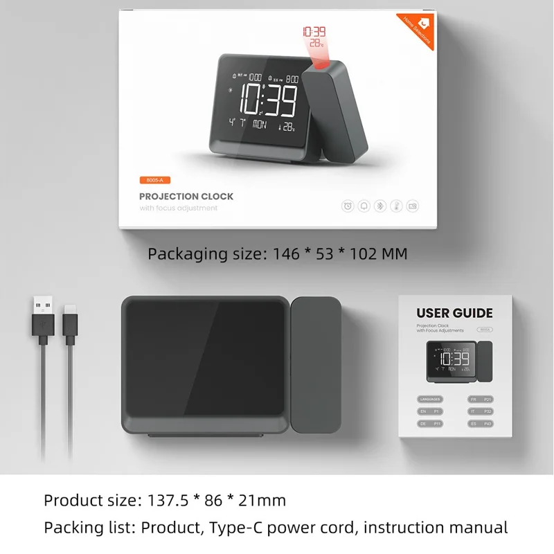 8005A Многофункциональные проекционные часы с будильником, Bluetooth-синхронизацией, ночным освещением и температурным дисплеем