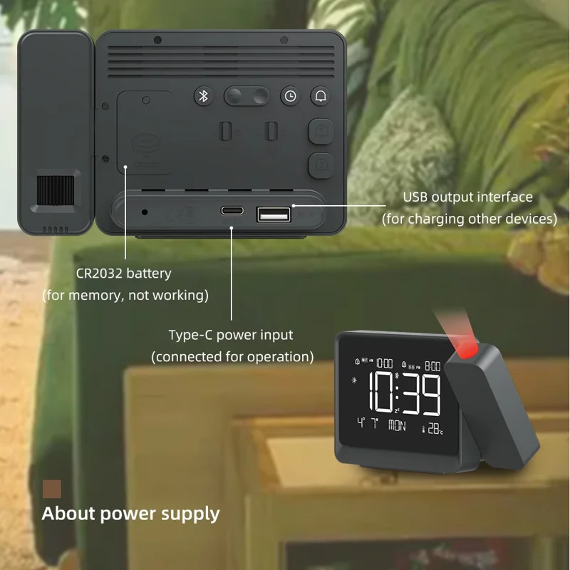 8005A Многофункциональные проекционные часы с будильником, Bluetooth-синхронизацией, ночным освещением и температурным дисплеем