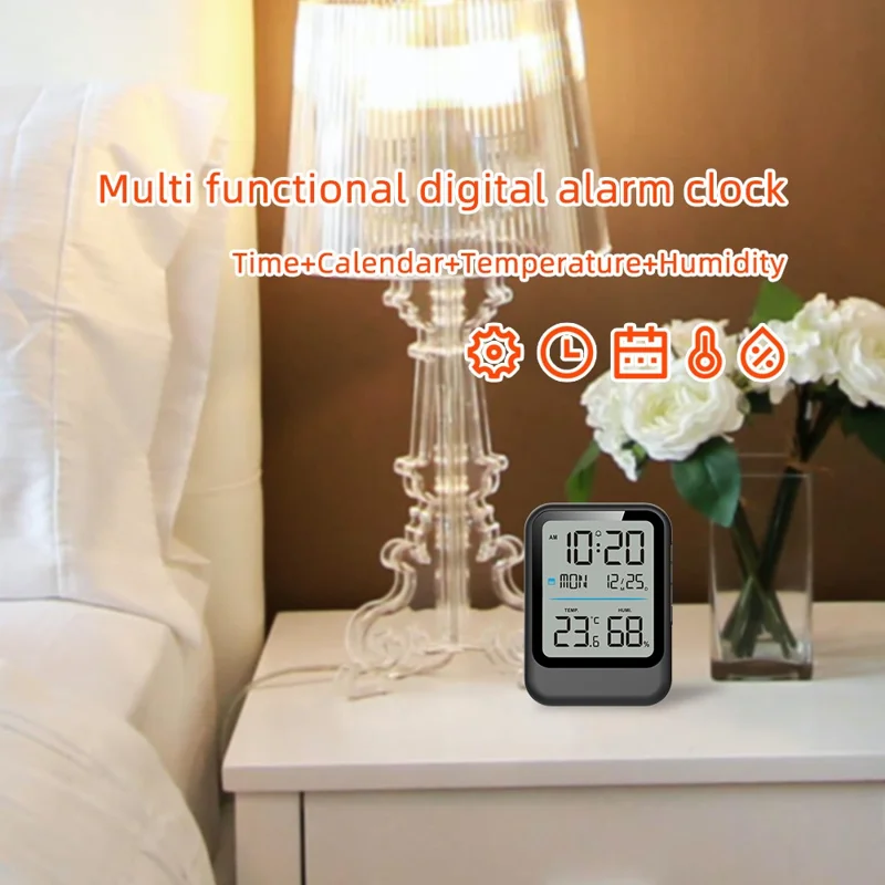 Reloj Despertador Digital 8007C con Termómetro e Higrómetro - Pantalla de Temperatura y Humedad - Negro