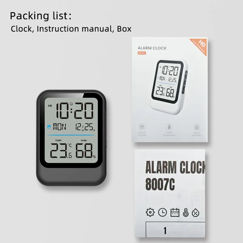 Reloj Despertador Digital 8007C con Termómetro e Higrómetro - Pantalla de Temperatura y Humedad - Negro