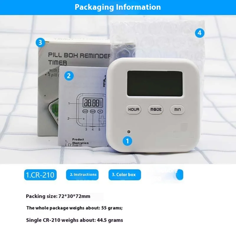 CR-210 Organisateur de Pilules Intelligent, Distributeur de Médicaments 7 Jours, 4 Compartiments, Conteneur Portable de Compléments Santé - Bleu