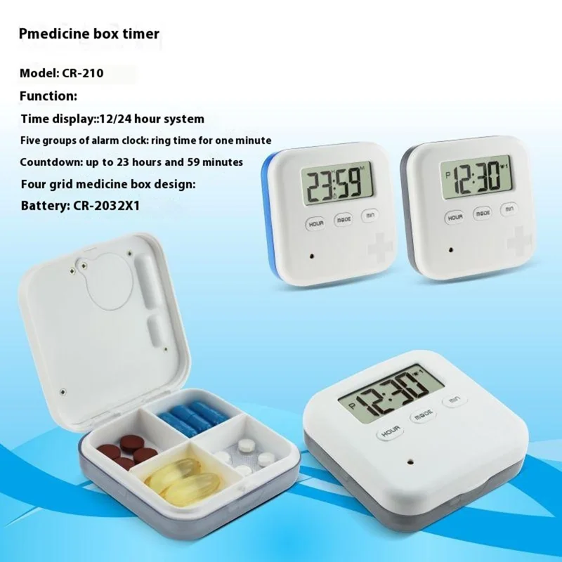 CR-210 Organisateur de Pilules Intelligent, Distributeur de Médicaments 7 Jours, 4 Compartiments, Conteneur Portable de Compléments Santé - Bleu