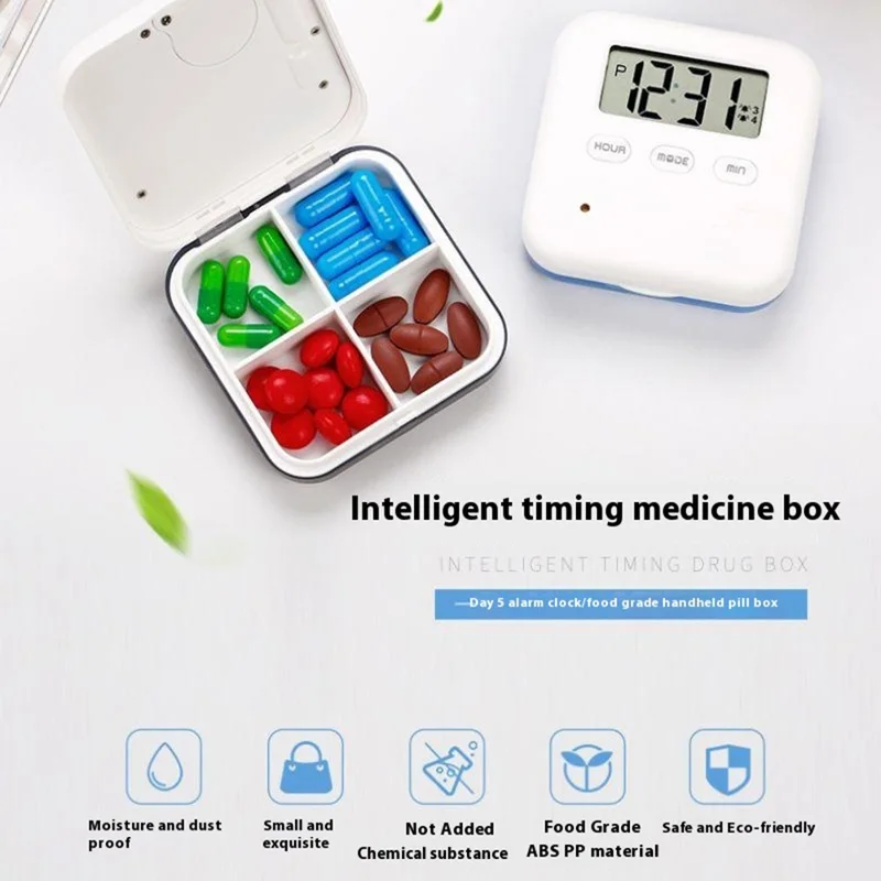 CR-210 Organisateur de Pilules Intelligent, Distributeur de Médicaments 7 Jours, 4 Compartiments, Conteneur Portable de Compléments Santé - Bleu