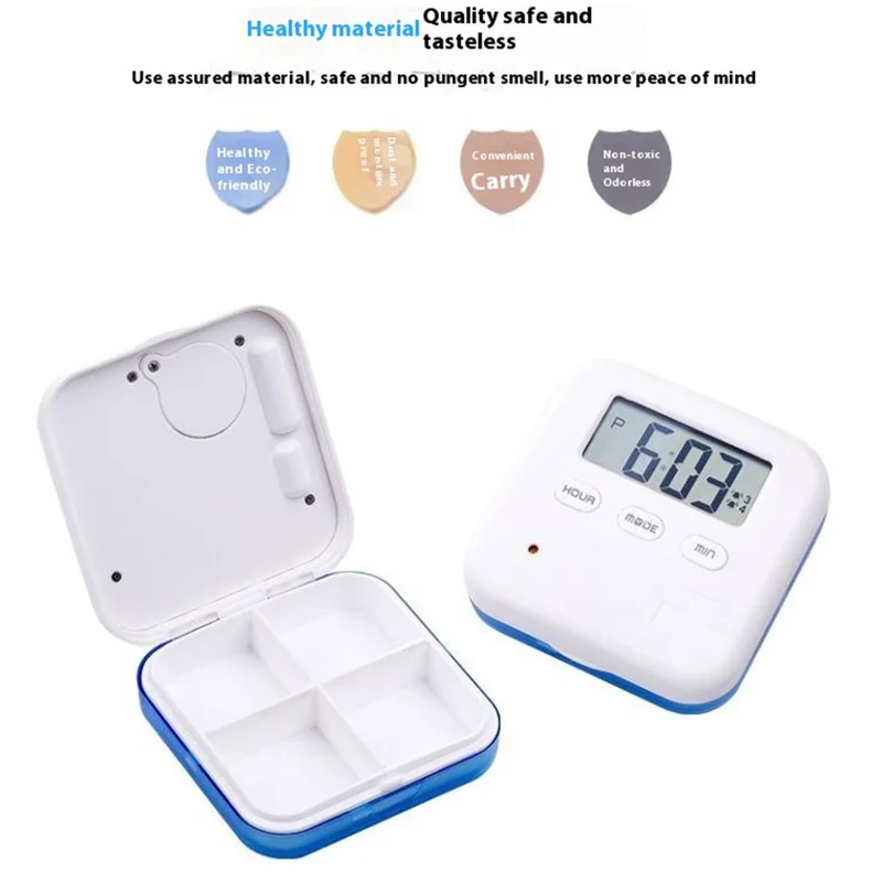 CR-210 Organisateur de Pilules Intelligent, Distributeur de Médicaments 7 Jours, 4 Compartiments, Conteneur Portable de Compléments Santé - Bleu