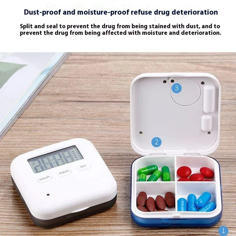 CR-210 Organisateur de Pilules Intelligent, Distributeur de Médicaments 7 Jours, 4 Compartiments, Conteneur Portable de Compléments Santé - Bleu