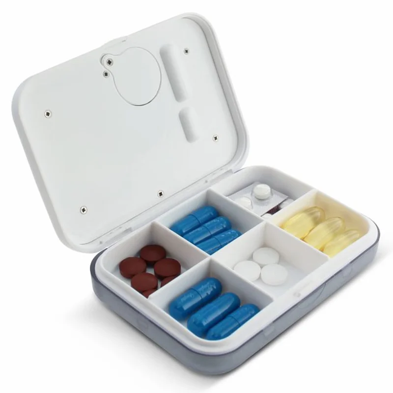 CR-211 Smart Pill Organizer Timer Reminder 6-Compartment Medication Box 7-Day Travel Health Supplement Container (BPA Free, No FDA) - Grey