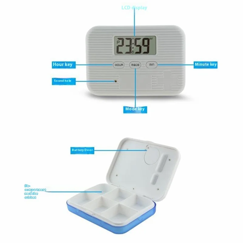 CR-211 Smart Pill Organizer Timer Reminder 6-Compartment Medication Box 7-Day Travel Health Supplement Container (BPA Free, No FDA) - Grey