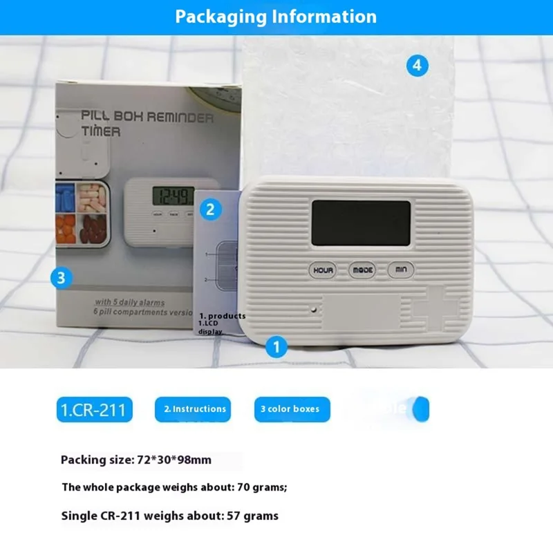 CR-211 Smart Pill Organizer Timer Reminder 6-Compartment Medication Box 7-Day Travel Health Supplement Container (BPA Free, No FDA) - Grey