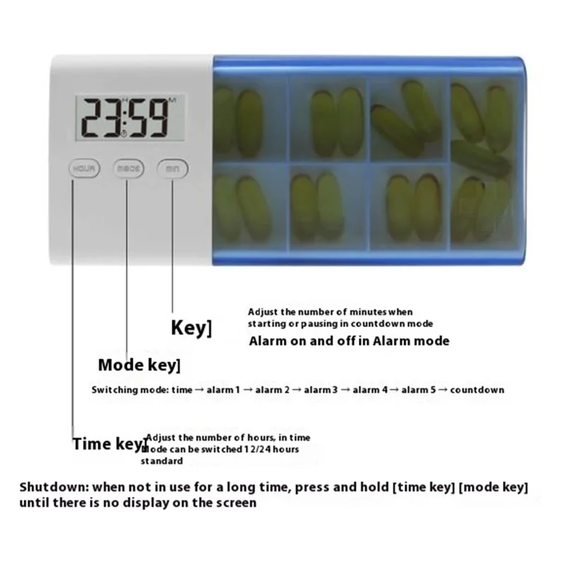 CR-250 Organizador Inteligente de Pastillas con Temporizador Electrónico - Pastillero Portátil de 7 Compartimentos para Uso Diario - Azul