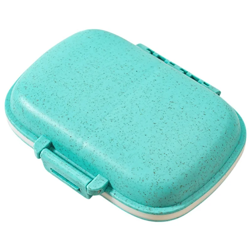 8 Compartments Pill Organizer Portable Sealed Moisture Proof Medication Storage Box (BPA Free, FCM Tested) - Wheat Straw / Blue