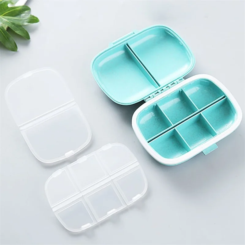 8 Compartments Pill Organizer Portable Sealed Moisture Proof Medication Storage Box (BPA Free, FCM Tested) - Wheat Straw / Blue