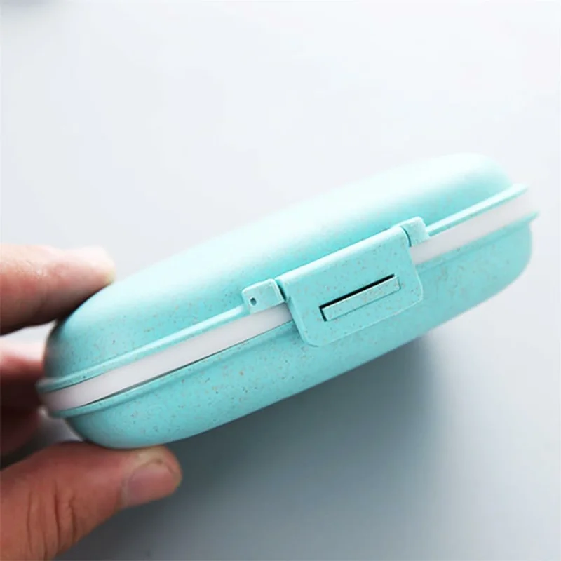 8 Compartments Pill Organizer Portable Sealed Moisture Proof Medication Storage Box (BPA Free, FCM Tested) - Wheat Straw / Blue