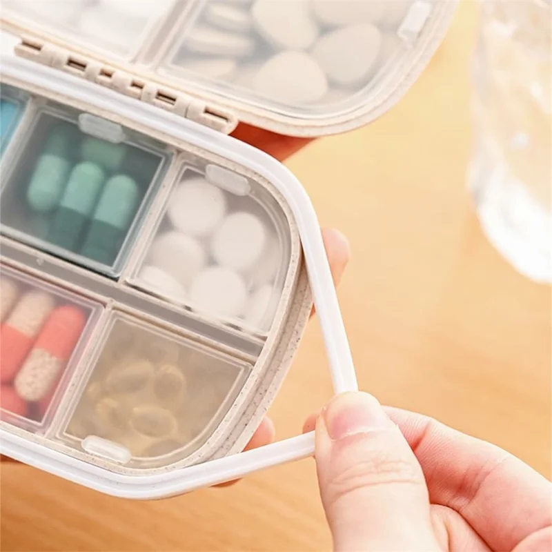 8 Compartments Pill Organizer Portable Sealed Moisture Proof Medication Storage Box (BPA Free, FCM Tested) - Wheat Straw / Blue