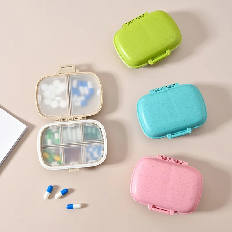 8 Compartments Pill Organizer Portable Sealed Moisture Proof Medication Storage Box (BPA Free, FCM Tested) - Wheat Straw / Blue