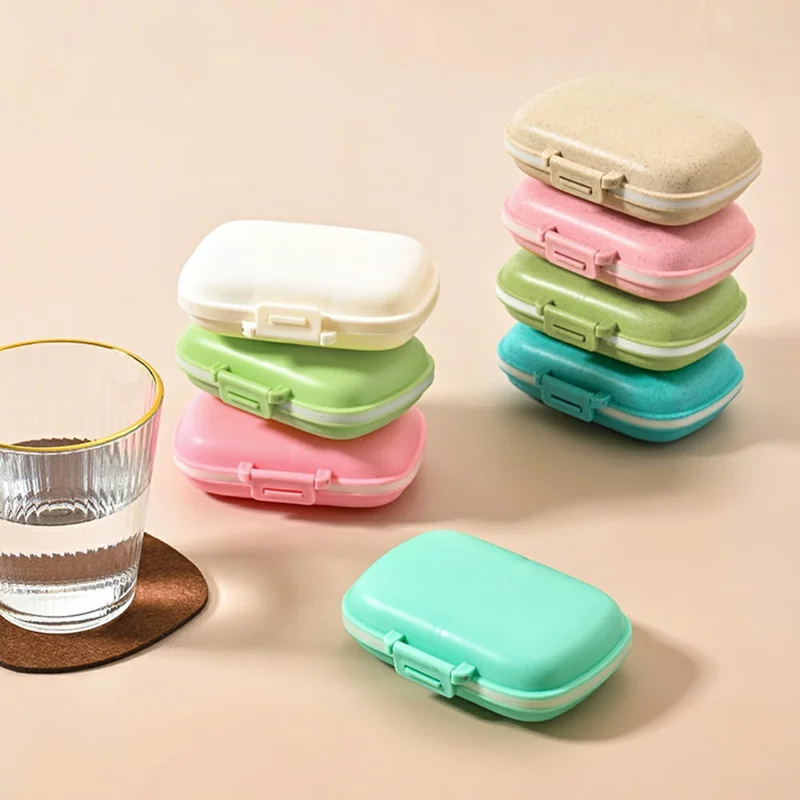 8 Compartments Pill Organizer Portable Sealed Moisture Proof Medication Storage Box (BPA Free, FCM Tested) - Wheat Straw / Blue