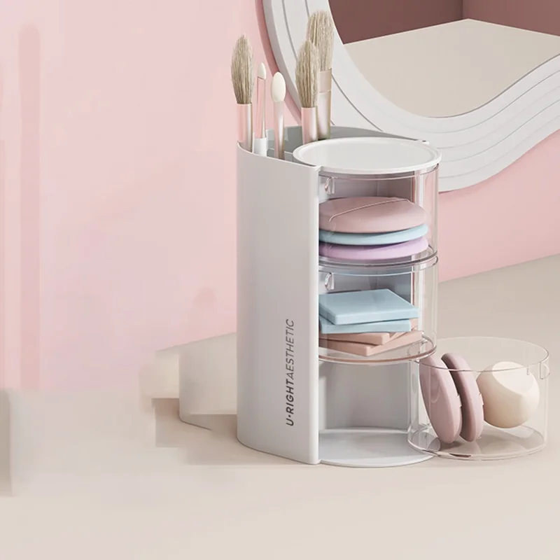 3-stöckiger drehbarer Make-up Organizer für Puderpuffs, Lippenstifte, Pinsel - Transparente staubdichte Aufbewahrungsbox in Rosa