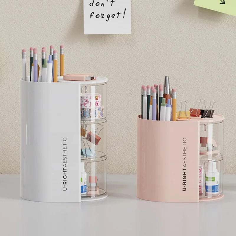 3-stöckiger drehbarer Make-up Organizer für Puderpuffs, Lippenstifte, Pinsel - Transparente staubdichte Aufbewahrungsbox in Rosa