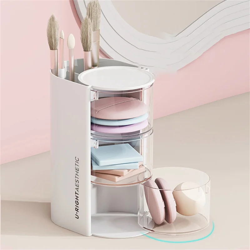 3-stöckiger drehbarer Make-up Organizer für Puderpuffs, Lippenstifte, Pinsel - Transparente staubdichte Aufbewahrungsbox in Rosa
