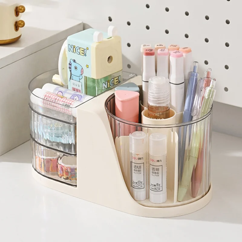 Rotating Desk Organizer Desktop Multi-Functional Storage Holder 180° Swivel Pen Holder - Transparent
