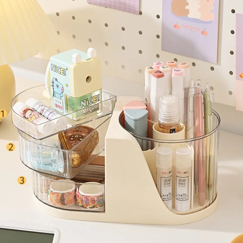 Rotating Desk Organizer Desktop Multi-Functional Storage Holder 180° Swivel Pen Holder - Transparent