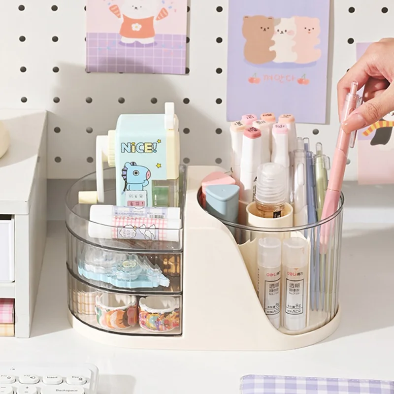 Rotating Desk Organizer Desktop Multi-Functional Storage Holder 180° Swivel Pen Holder - Transparent