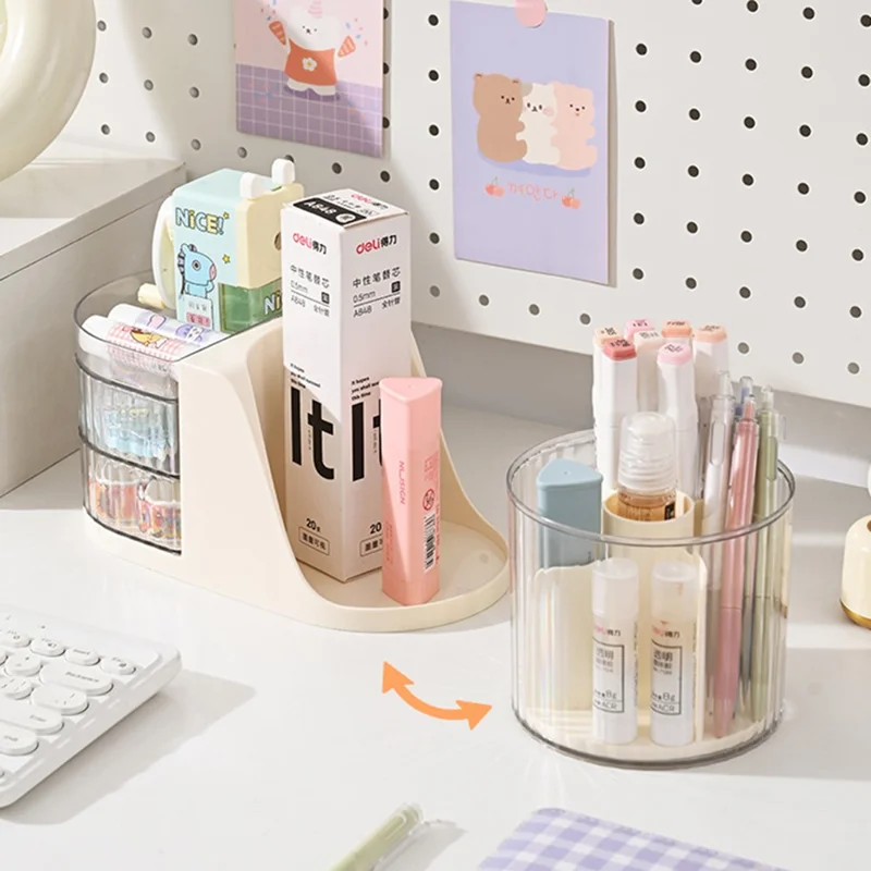Rotating Desk Organizer Desktop Multi-Functional Storage Holder 180° Swivel Pen Holder - Transparent