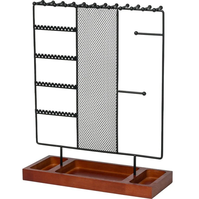 Multi-Tier Jewelry Stand Organizer Earring Bracelet Iron Display Rack with Wooden Base