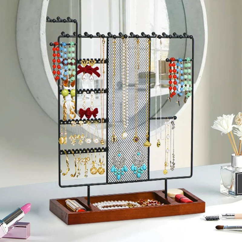Multi-Tier Jewelry Stand Organizer Earring Bracelet Iron Display Rack with Wooden Base